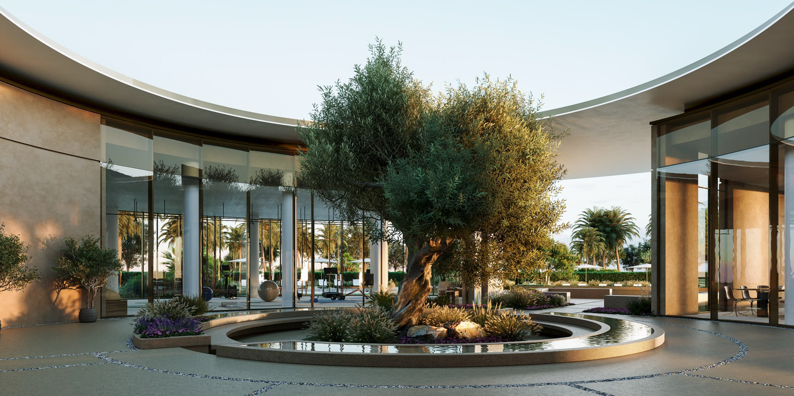 Shaded green corridor at Fay Gardens and Oasis Residence within Masdar City connecting residential areas with natural pathways.